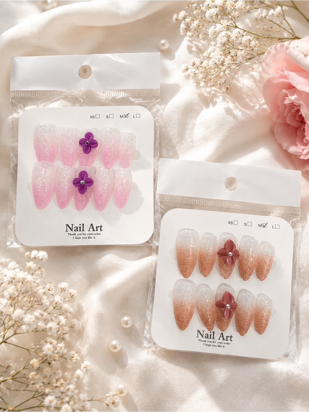 Handmade Pink Glitter Ombre Press On Nails w/ 3D Purple Flower Accent Medium Set